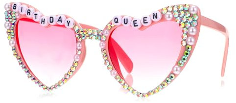 Wanmu Geburtstags-Herzbrille für Damen, Pinke Sonnenbrille Geburtstagsgeschenke Strass-Sonnenbrille für Geburtstagsfeiern