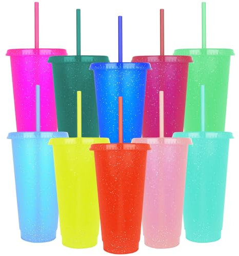 Hojalis 10 Pcs Reusable Plastic Cups, 24oz Plastic Tumblers with Lid and Straw, Colorful Glitter Cold Cups, Iced Coffee Cup Party Tumbler, Travel Mugs for Cold Drink Kids Adults Party Beach((10 Color)