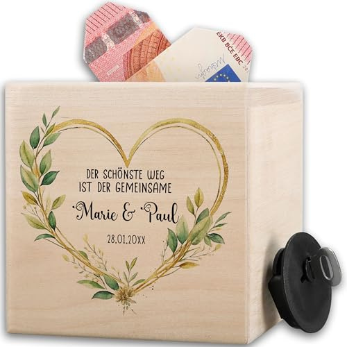 Shirtracer Spardose Holz personalisiert Schöner Weg Gemeinsam | Holz, 10x10cm, Hochzeit, Brautpaar, Hochzeitstag, Hochzeitsgeschenk, Taschengeld, Wunscherfüller, Geldgeschenk, Geld sparen