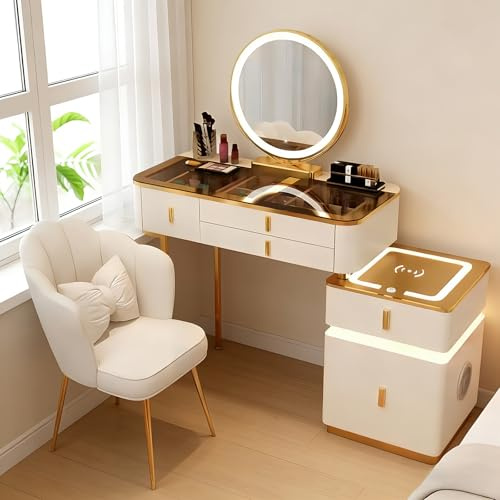 JIANRUI Schminktisch mit drahtloser Aufladung- Dressing Table mit Spiegel und Schubladen Eitelkeit Schminktisch Set Make up Tisch mit Stuhl Überraschungsgeschenk für Ehefrau (Weiß-Gold, 80cm)