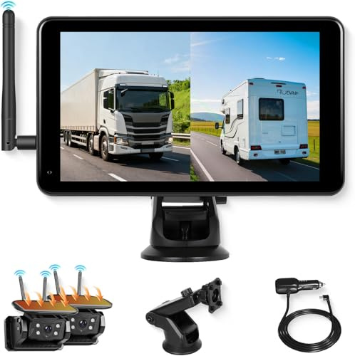 VECHTEL Telecamera Posteriore Solare Senza Fili con 2 Telecamera, Ricaricabile Batteria 10000mAh, 7'' IPS Monitor con Impermeabile IP68 Visione Notturna BSD DVR Visione Notturna