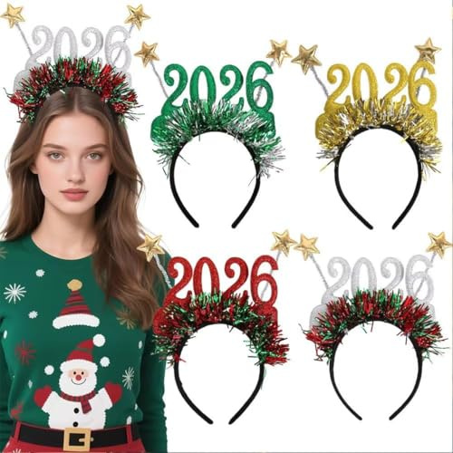 OIXEYA Accessoires Fête Nouvel An 2026 – 4pcs Happy New Year Bandeaux Cheveux Pailletés Adulte Enfant, Guirlande Brillante or Argent, Serre-tête Chiffres HAPPY NEW YEAR Soirée Déguisée