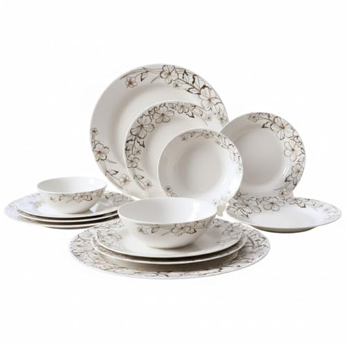 Reldor 26-Piece Florence Embossed Porcelain Dinnerware Set for 6 – Includes Dinner Plates, Side Plates, Deep Plates, Bowls, Salad Bowl, Serving Dish – Ideal Dinnerware for Everyday & Special Occasion