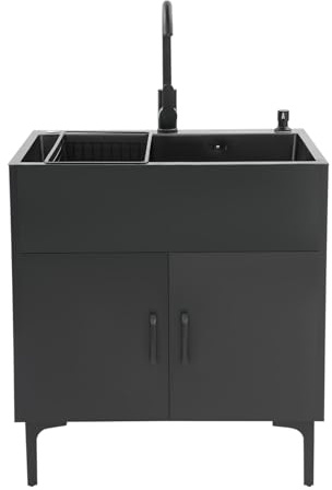Freistehende Küchenspüle mit Unterschrank Spülenunterschrank Wäschespüle mit Holz Schrank, 1 Becken Spüle mit Wasserhahn und Ablaufkorb für Outdoor, Küche, Restaurant, Garage, Garten, Bar (Schwarz)