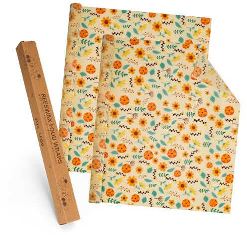 WeeGoo Bienenwachs-Wraps für Lebensmittel, 100 × 33 cm, gelbe Sonnenblumen-Bienenwachstücher, Bio-Baumwolle, Bienenwachspapierbögen für Käse, Obst, Brot, Snacks, Kekse, 2 Rollen