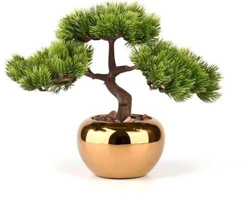 CZWBE 9.5 Inch Artificial Bonsai Tree with Ceramic Pot - Decorative Fake Plant for Home Office Living Room Window Sill, Fake Plants for Year-Round Decoration（Gold）