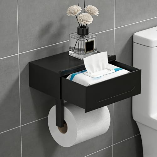 Zencantorous Toilettenpapierhalter Ohne Bohren, Selbstklebend Klopapierhalter mit Feuchttücherbox, Klorollenhalter, WC Papier Halterung, Toilettenpapier Halterung, 2 Montagemethoden, Schwarz