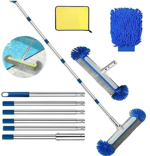 Pool Bürsten Set, Poolbürsten reinigungsbürste mit Teleskopstange 230 cm, Poolreiniger Bürste 45 cm, Pool Reinigungsbürste, Pool Bürsten Set für Pool Reinigung mit Reinigungstuch und Waschhandschuh.