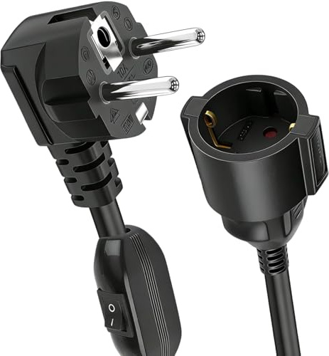 Outdoor Verlängerungskabel Stromkabel IP44 mit Schuko Stecker, 90 Grad Schwarz Schuko Verlängerungskabel mit Schalter, 3 x 1mm² Kabel für Schlafzimmer, Zuhause, Büro (250V/16A)