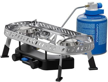 Campingaz Camp & Trek Twin Connect Fornello da campeggio, 2 bruciatori da 2000 W, accensione piezoelettrica, in acciaio e plastica, con borsa per il trasporto