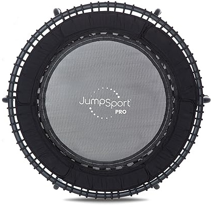 JumpSport 570 PRO Silent Steel Indoor Heavy Duty Lightweight Large 44 Inch Diameter Fitness Trampoline with 7 Adjustable Tension Settings, Black.