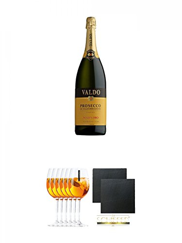 Valdo Marca Oro di Valdobbiadene Italien 1,50 Liter + Scavi & Ray Prosecco Sprizzione (kein Grünstich) Rastal Glas 6 Stück + Schiefer Glasuntersetzer eckig ca. 9,5 cm Ø 2 Stück