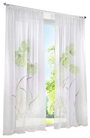 BAILEY JO 1er-Pack Gardine Floral Gardinen Schlaufen mit Blumen Druck Transparent Voile Vorhang (BxH 150x175cm, Grün mit Kräuselband)
