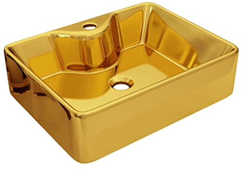 vidaXL Waschbecken mit Wasserhahnloch Aufsatzwaschbecken Waschtisch Waschplatz Handwaschbecken Waschschale Badezimmer 48x37x13,5cm Keramik Golden