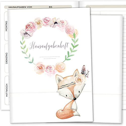 Olgs Hausaufgabenheft Hülle Cute Boho inkl. Heft Schulheft Schutzhülle Umschlag Geschenkidee Einschulung Grundschule (ohne Personalisierung, Fuchs)