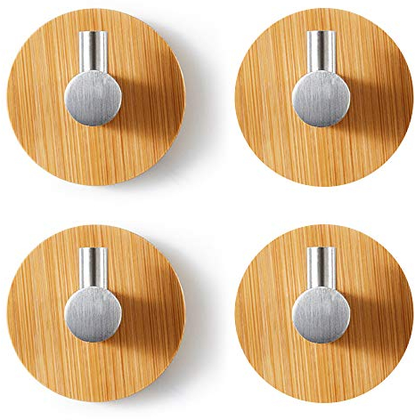 IWILCS Holz Bambus Wandhaken, 4pcs Selbstklebend Haken Klebehaken Holz Edelstahl & Bambus Bademantelhaken Holz Selbstklebend Bademantelhaken Ohne Bohren zum Aufhängen für Küche und Bad
