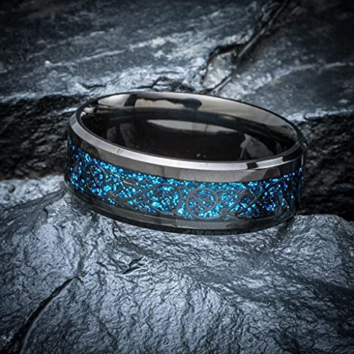 YABEME Nordische Wikinger Eheringe mit Drachenschuppe, Vintage Hypoallergener, Nie Verblassender Edelstahl-Fingerschmuck, mit Valknut Geschenktüte,Blau,11