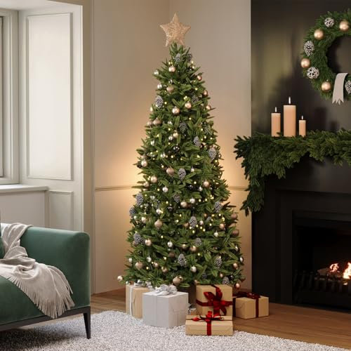 Charles Bentley Luxury 7ft Slimline Faux Nordic Spruce Hinged Christmas Tree Easy Assembly 41 Wide Realistic Fir Pine Xmas Decoration Artificial
