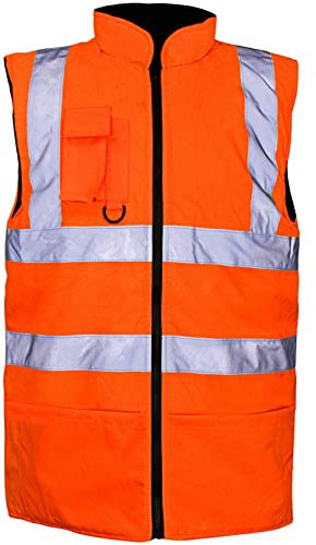 Herren Weste mit reflektierendem Fleece gefüttert, gut sichtbar, wendbar, Arbeitskleidung für Erwachsene, Arbeitskleidung, Orange, XXXL