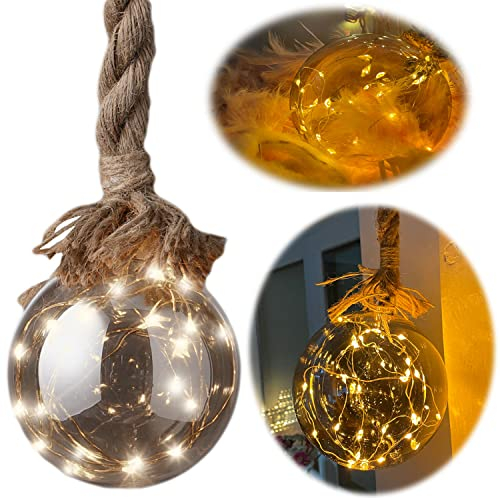 LS-LebenStil XL LED Glas Kugel 14cm 30 Lichter Deko Hanf-Tau Timer WarmWeiß Batterie 80cm Seil Kugellampe zum Anhängen als Weihnachtsdeko innen - Weihnachtsbeleuchtung Fensterdeko Batteriebetrieben