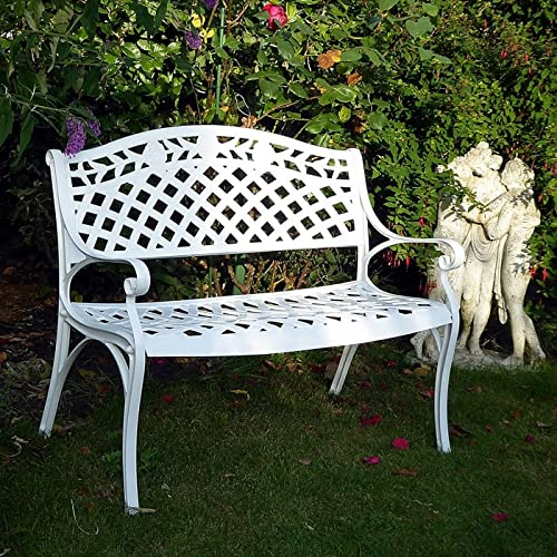 Lazy Susan Rose Gartenbank in Weiß, Blaues Sitzkissen | Sandguss-Aluminium | Wetterfest | Rostfrei | Wartungsarm | 3 Jahre Garantie