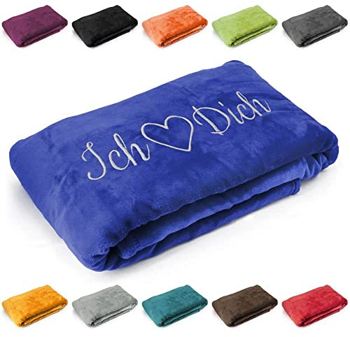 Kuscheldecke 'Ich Liebe Dich', Geschenk zu Valentinstag, Geburtstag, Hochzeitstag, hochwertig Bestickt, 200cm x 150cm extra weiche und gemütliche Sofadecke/Wohndecke, hochwertiges Fleece (Nachtblau)