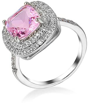 Skcess Anneaux Bague Femme Plaqué Argent, Bague Femme Fantaisie Rose Carré Zircone Cubique Bague+Femme Taille 61.5