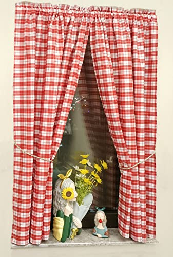 Yaland Blickdichte Vorhänge mit Karo-Muster Landhaus HxB 100x80cm 2er Set | Rot-Weiß Gardinen mit Stangendurchzug Landhausstil Gardinenschals mit Raffhalter für Küche Kinderzimmer Wohnzimmer