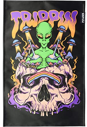 PSYWORK Schwarzlicht Stoffposter Neon | Trippin Alien | 0,3 x 0,45m | UV-aktiv | fluoreszierend | Wandbehang Stoffbanner Poster Wandbild Kunstdruck Dekobild Dekoration Wandteppich