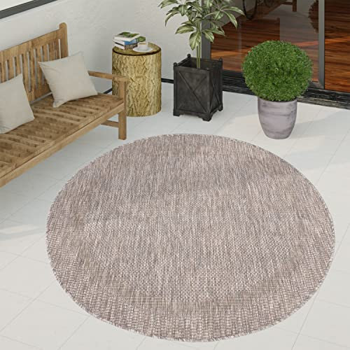 Paco Home Outdoor Teppich wetterfest & pflegeleicht Flachgewebe in Sisal-Optik mit Bordüre UV-beständig Modern für Balkon, Terrasse, Garten, Wohnzimmer, Grösse:120 cm Rund, Farbe:Natur