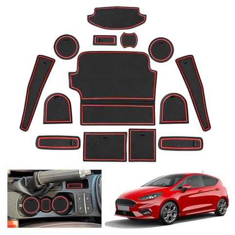 GAFAT Kompatibel mit Ford Fiesta ST MK8 2017-2023 2024 Antirutschmatten, Gummimatten für Fiesta MK8, Mittelkonsole Getränkehalter Matten, Aufbewahrungsbox Matten, Türnaht Matten (Rot)