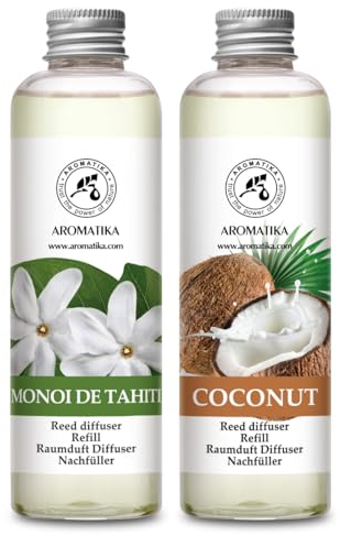 Raumduft Diffuser Nachfüller Monoi de Tahiti & Kokos 400ml - 2x200ml - Nachfüller Set für Duftdiffusor - Reed Diffuser Refill - Raumbeduftung - Zimmerduft - Diffuser Nachfüllen - Raumluft