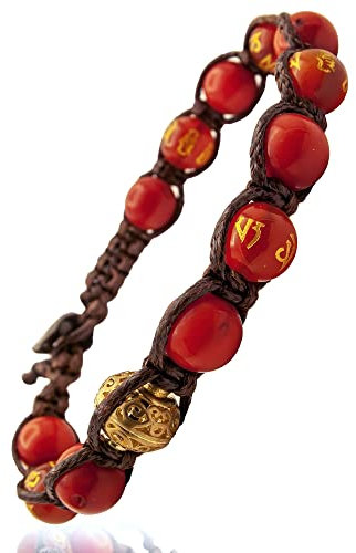 Samsara Bracciale Tibetano Buddista - shamballa con pietre in Corallo Bambù e Agata Rossa con Mantra Oro - Filo in cotone cerato marrone
