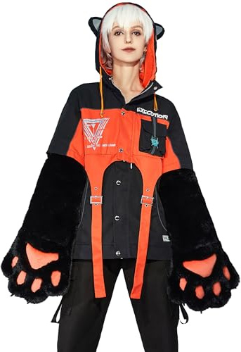 Micotaku Set giacca da moto da donna con gonna staccabile, con borse a zampa di gatto pelose con cappuccio e top corto, nero, LXL