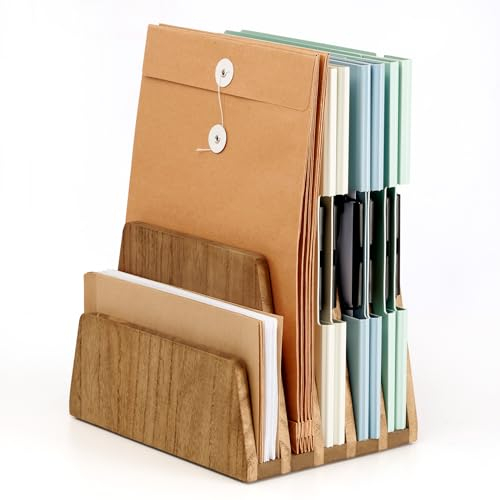 KIRIGEN hölzernen Schreibtisch Mail Organizer 5 Slots File Paper Holder Desktop Holz Dokument Letter Holder Veranstalter für Home Office gelb-braun