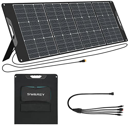 SWAREY Panel Solar 200W, Placa Solar Portátil Monocristalino con Tipo-C PD 18W, Adaptadores XT60 Anderson DC5521, Soportes Ajustables para Estación de Energía Exteriores Camping RV