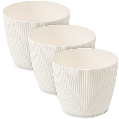 TULMERO Lot de 3 pots de fleurs mats en plastique - Pot décoratif pour grandes plantes - Lot de 3 pots à fleurs, pots à herbes - Crème - Diamètre : 22 cm
