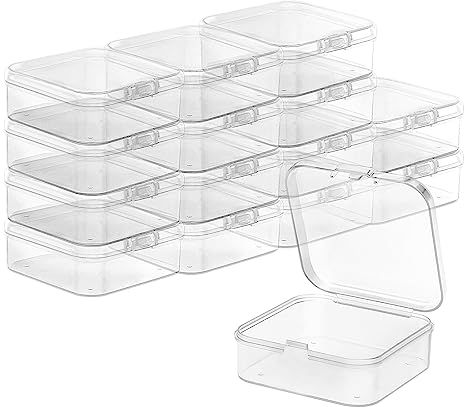TRUEIN 15 Small Plastic Boxes with Lids, Mini Clear Bead Storage Containers, Square Box Case with Hinged Lid, 2 X 2 X 0.79 Inch, Box Case Organizers for Pills, Beads, Jewellery, Craft Items