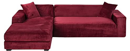 GUYIRT Samt Sofabezug L Form, 2-teiliger Stretch L Form Sofa überzug rutschfest Couchbezug L Form Weicher Möbelschutz Für Ecksofa -Weinrot-4+4 Sitzer
