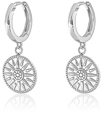 Mary & Jules Creolen Silber mit Sonnen Anhänger, aus recyceltem 925 Sterling Silber, Ohrringe Damen Silber, Durchmesser 12 mm, Klappcreolen mit Münz Anhänger für Frauen & Mädchen