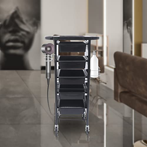 Profi Friseurwagen Arbeitswagen Rollwagen Rädern Fönhalter 5 Schubladen Arbeitswagen Multifunktional Freistehend Kosmetikwagen Schwarz, 95 x 53 x 44cm