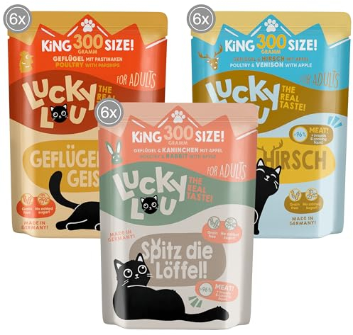 Lucky Lou Lifestage Mix-Paket 18 x 300g hochwertiges Katzenfutter nass mit viel Protein - Nassfutter getreidefrei & ohne Zucker für ausgewachsene Katzen (300g (18er Pack), Geflügel, Kaninchen, Hirsch)