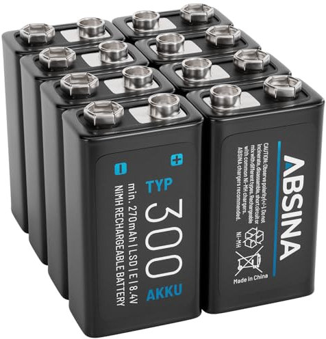 ABSINA 8X Pile 9V Rechargeable 300 à Faible Auto-Décharge - Piles 9V NiMH avec 8,4V & au Minimum 270mAh - Batterie 9V Rechargeable, Pile 6LR61 9V, 6LR20 9V Pile, Pile rectangulaire 9V, Pile 9V 6F22