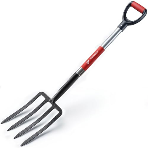 BIHOMIFI Digging Spading Fork Forged Steel with D Grip Handle 41” Premium 4-Tine Spading Digging Fork Sturdy Metal D-Grip Multi-Purpose Virtually Unbreakable Gardening Tool