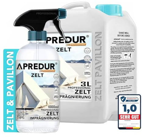 APREDUR 4L ZELT PAVILLON Camping Jurte Glamping Imprägniersprey Imprägniermitel für synthetische und Baumwollstoffe Lösemittel und PFC-Frei (1L Spray + 3L Kanister)