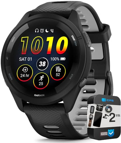 Garmin 010-02810-00 Forerunner 265 GPS-Smartwatch, Schwarz/Pudergrau, Paket mit 2 YR CPS Enhanced Protection Pack