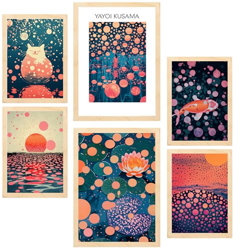 Nacnic 6er-Set Yayoi Kusama Sonnenuntergang Wasser Blau Orange Rot Lila Farben Janapise Gerahmtes Poster mit Design-Illustrationen zur Dekoration der Wände Ihres Zuhause im A3 A4 Leichter Holzrahmen