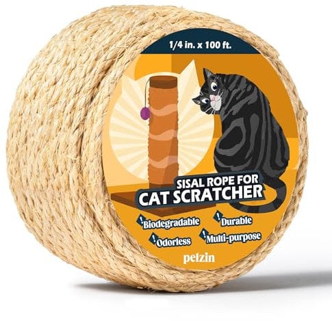 Pelzin Natural Sisal Rope for Cat Scratcher 1/4 Inch by 100 Feet, Cat Tree Rope Twine for Cat Scratching Post Replacement, Cat Tower with Scratch Post Repairing, Replace, Recovering and DIY, Natural