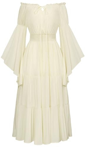 SCARLET DARKNESS Women’s Medieval Dress Elastic Off The Shoulder Renaissance Maxi Dress Bell Sleeve Lace-up Long Dresses for Women UK Apricot L