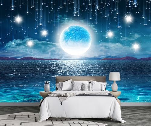 Carta Da Parati Soggiorno Mare Di Luna Blu Moderna Fotomurali 3D Carta Da Parati Camera Da Letto Moda Cameretta Pittura Murale -D016-430cmX300cm